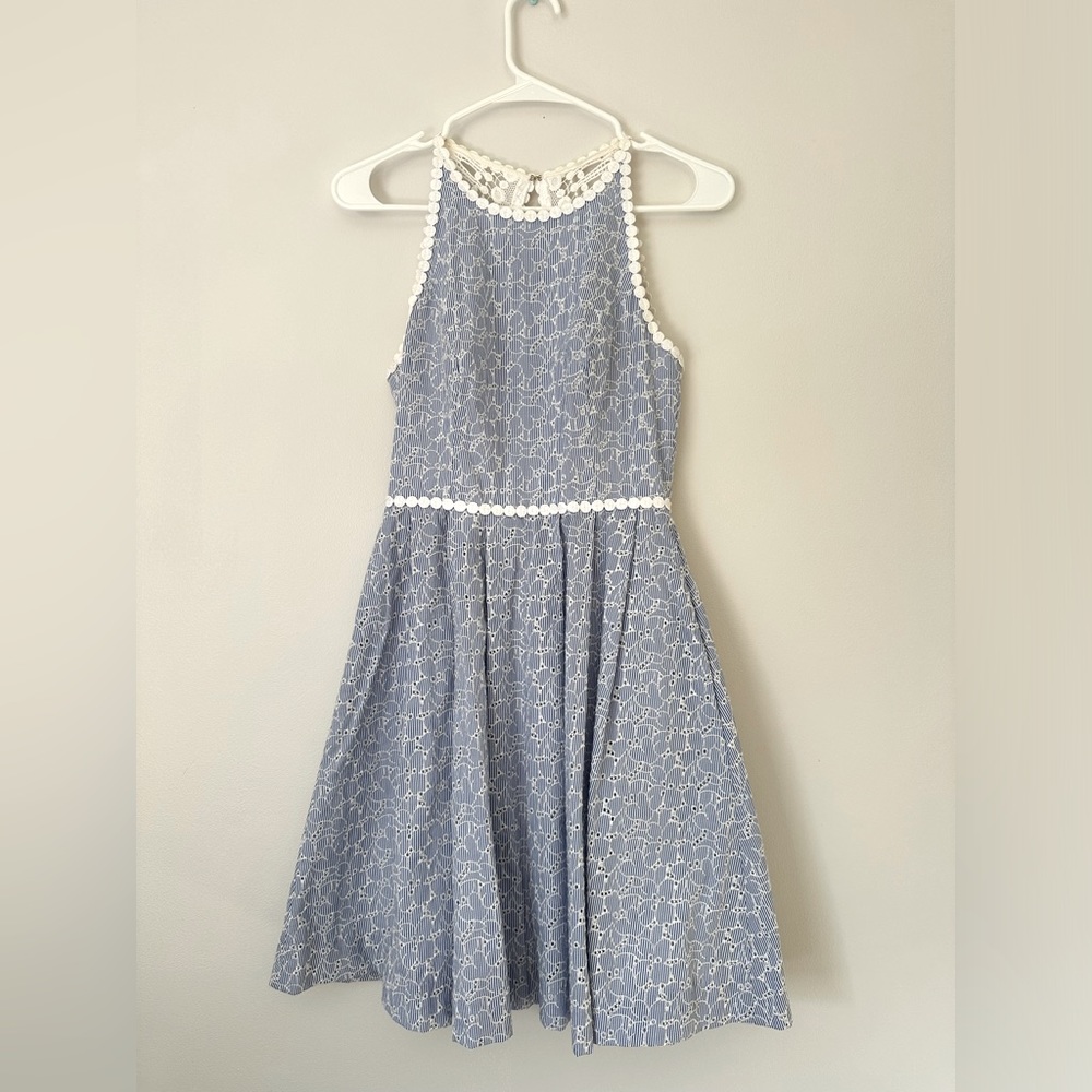 Lilly Pulitzer XXS Blue/White Seersucker Eyelet A-Line Dress -WITH POCKETS!